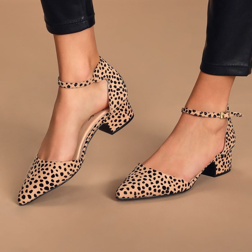 Cheetah faux suede ankle strap pumps